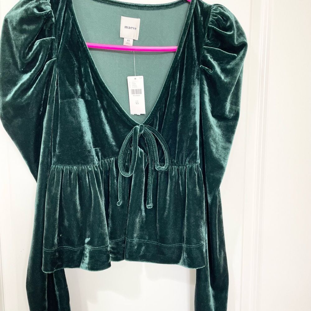 NWT Anthropologie Dark Green Maeve Velvet Babydoll top size XS
